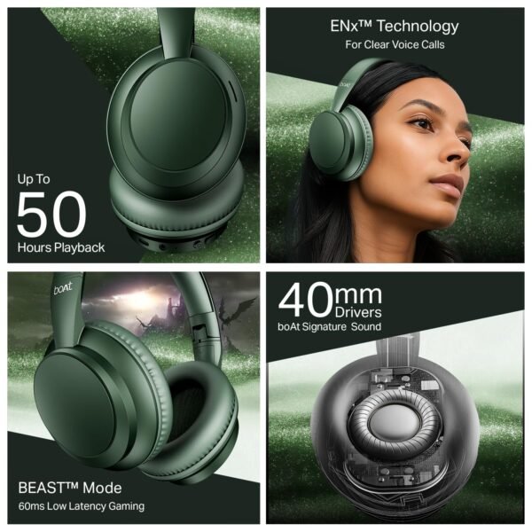 boAt Rockerz 371, 40mm Drivers, 50hrs Battery, 60ms Low Latency, ENx Tech, BT v5.4, Foldable Cups, Voice Assistant, Bluetooth Headphones, Wireless Headphone with Mic (Sage Green)