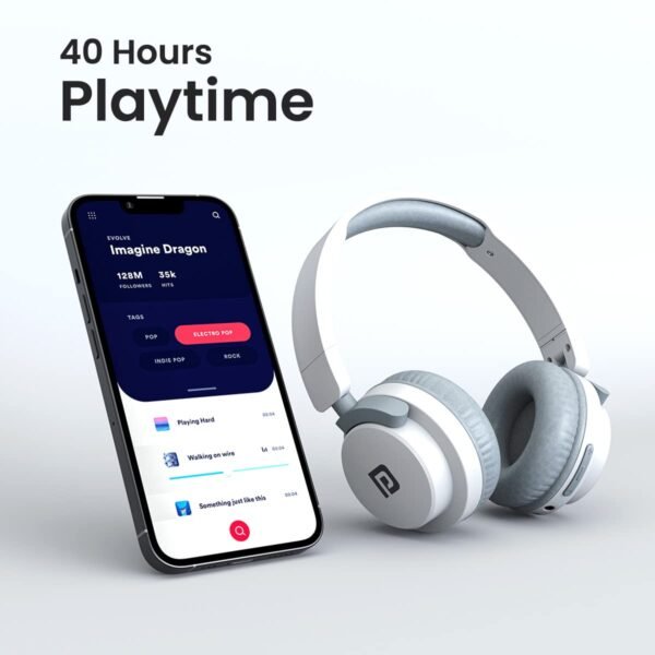 Portronics Muffs M2 Bluetooth Headphones Over Ear with Upto 40 Hrs Playtime, 40mm Dynamic Drivers, AUX 3.5mm, Powerful Bass, Laptop & PC Support,Type C Charging Port, Foldable Design(White)